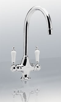 KB304C Chrome monoblock sink mixer with dual flow spout and quarter turn porcelain lever handles.